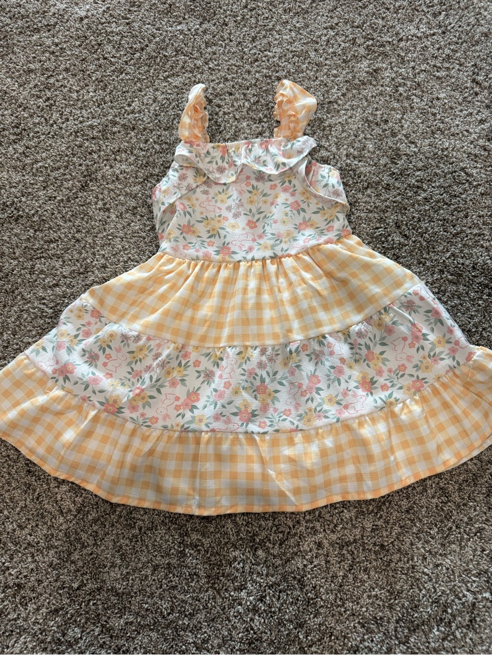 Girls Yellow Gingham Floral Tiered Dress bunny detail